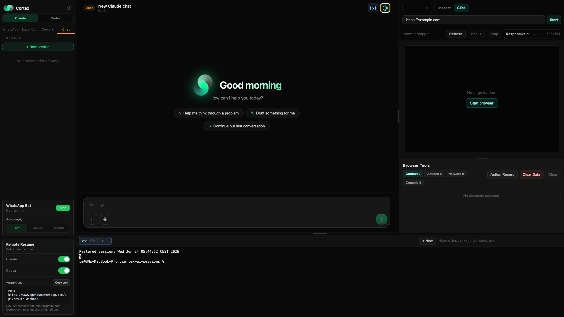 Cortex app interface showing Claude, Codex, chat, browser automation, terminal and WhatsApp bot controls